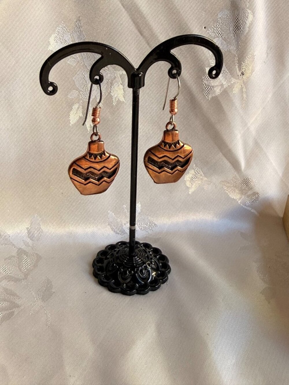 Vintage Copper Southwestern Geometric Pottery Design Dangle Hook Back Earrings